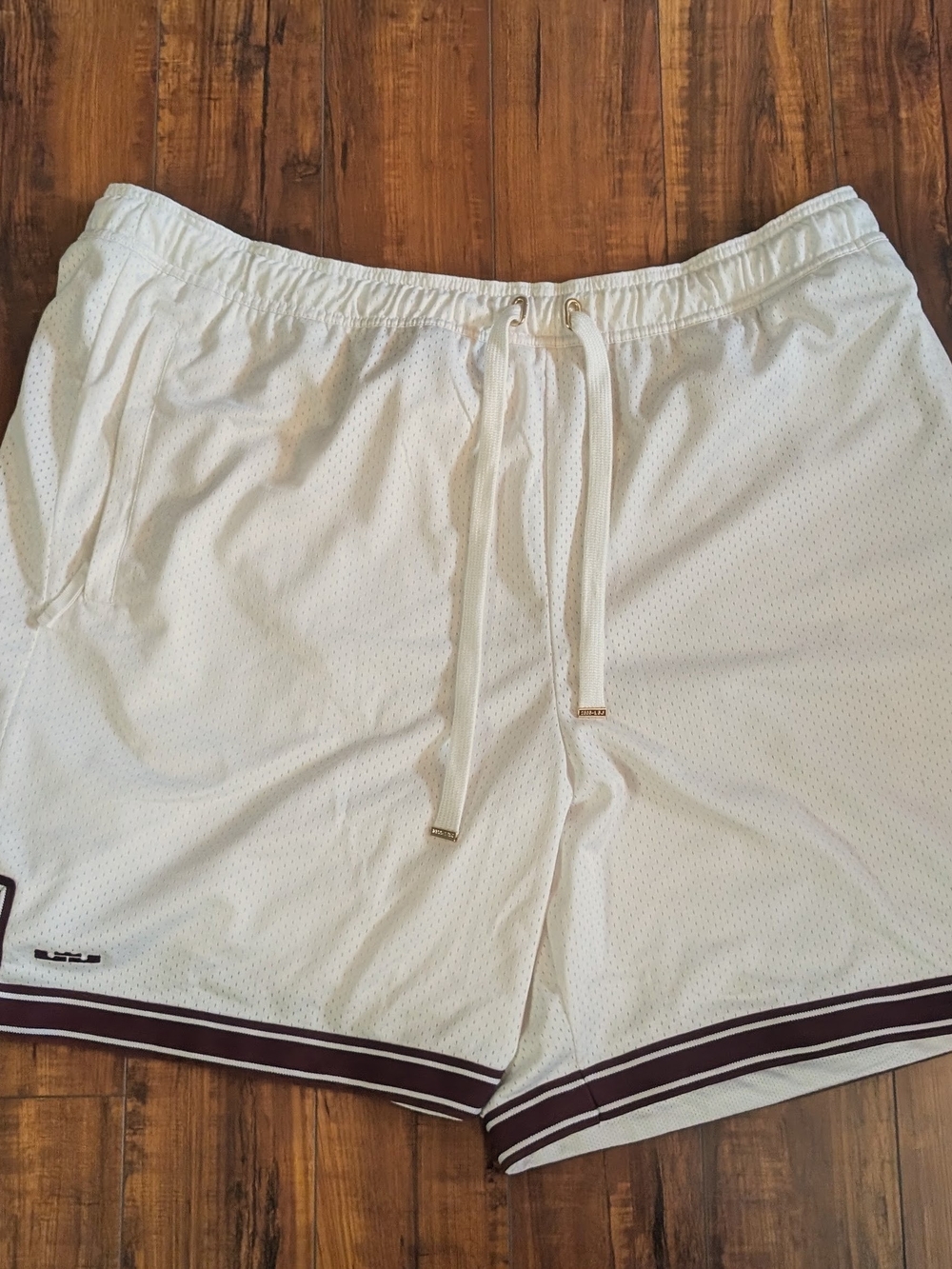 LeBron "King" James Men's Cream Athletic Mesh Shorts with Maroon Hem